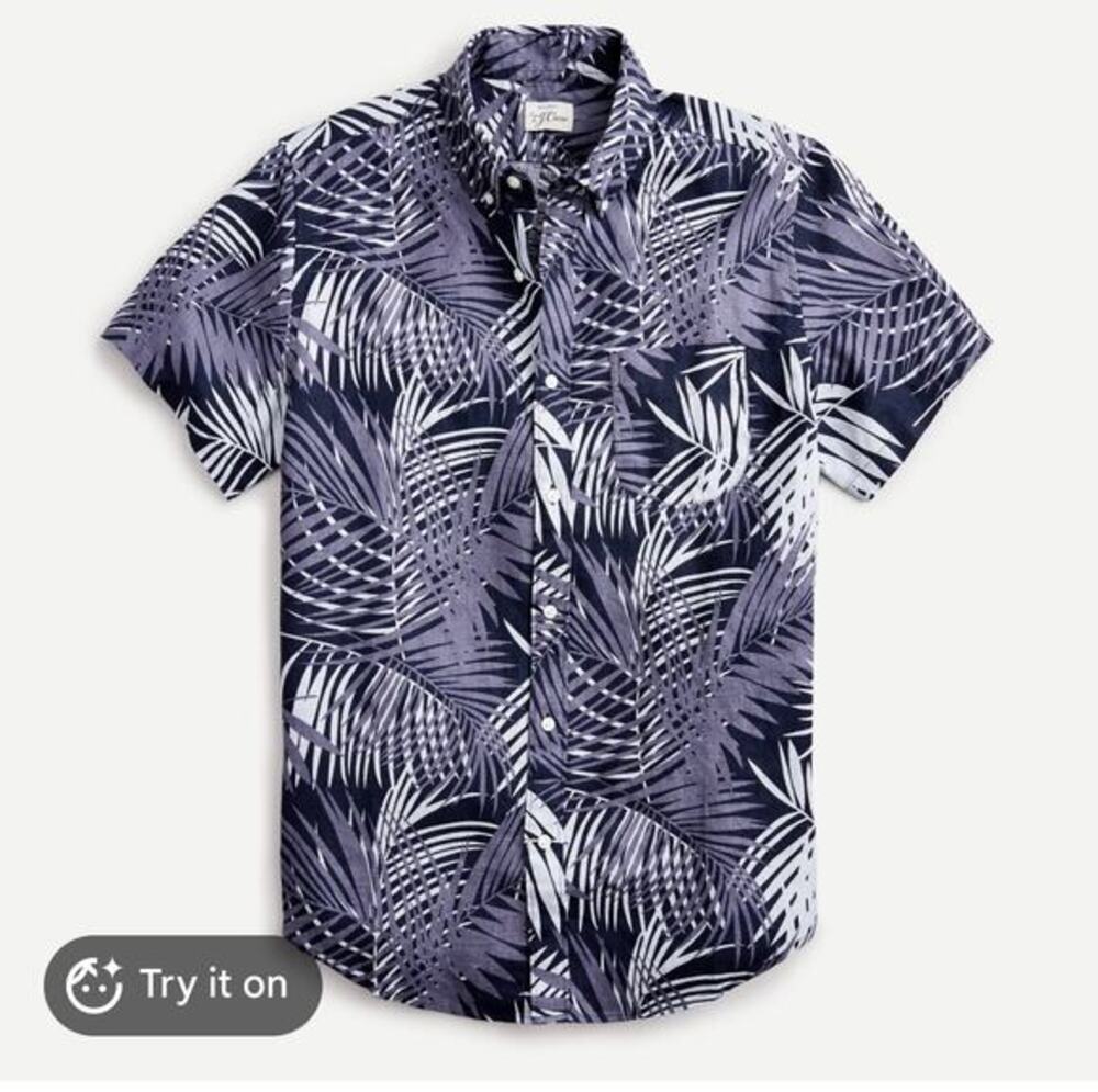 J.Crew Linen Navy Palm Casual Fit Short Sleeve Button Down Size XL
